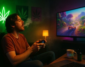 Persona relajada jugando videojuegos en un entorno acogedor con humo suave y decoración cannábica