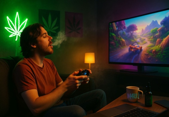 Persona relajada jugando videojuegos en un entorno acogedor con humo suave y decoración cannábica