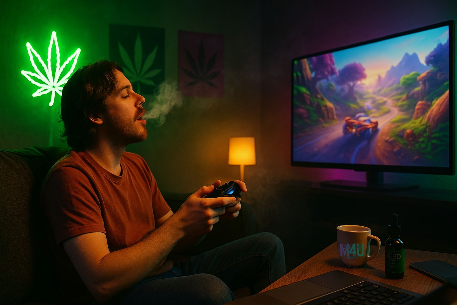Persona relajada jugando videojuegos en un entorno acogedor con humo suave y decoración cannábica