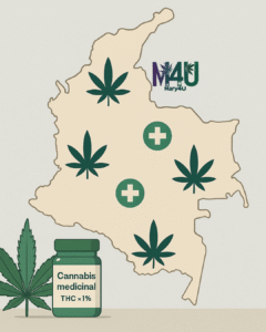 Infografía del mapa de Colombia con hoja y flor de cannabis y líneas de tiempo de la regulación.