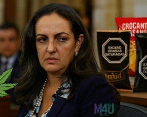 María Fernanda Cabal con expresión seria en el Congreso, al fondo difuminados paquetes de comida con sellos de advertencia de exceso en azúcar, sal y grasas.