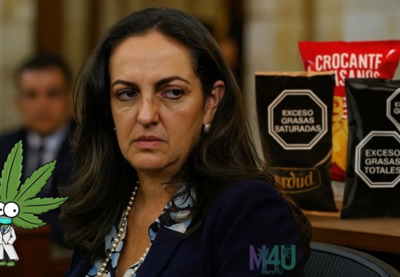 María Fernanda Cabal con expresión seria en el Congreso, al fondo difuminados paquetes de comida con sellos de advertencia de exceso en azúcar, sal y grasas.