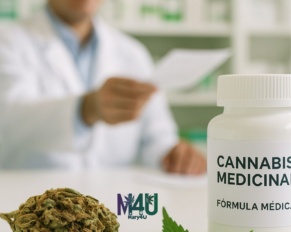 Flor y hoja de cannabis junto a frasco farmacéutico en una farmacia de Colombia con receta.
