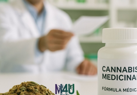 Flor y hoja de cannabis junto a frasco farmacéutico en una farmacia de Colombia con receta.