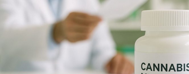 Flor y hoja de cannabis junto a frasco farmacéutico en una farmacia de Colombia con receta.